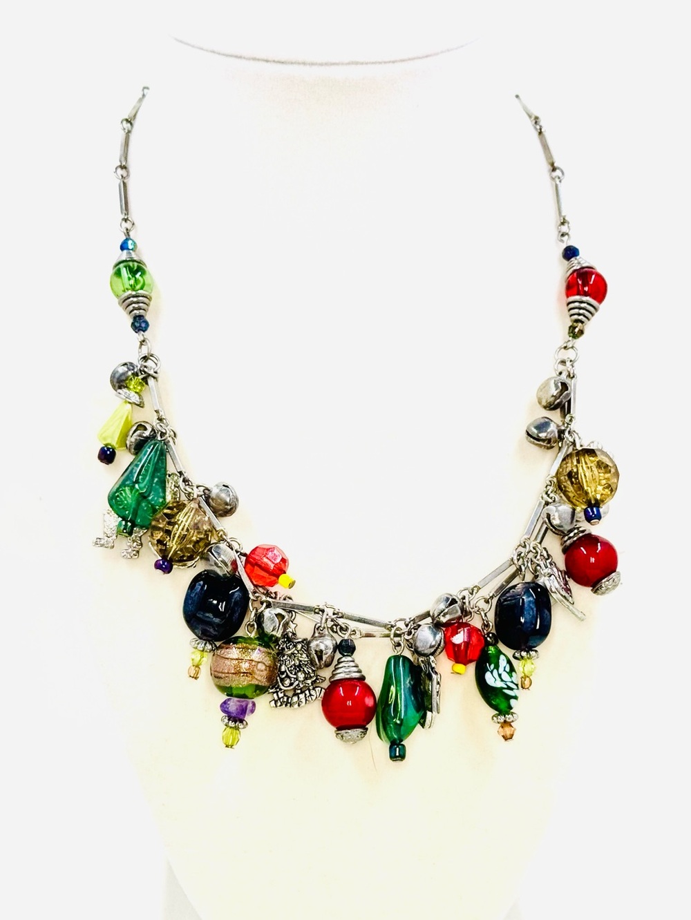 Colorful Glass Bead & Silver Charm Double Strand Christmas Holiday Necklace